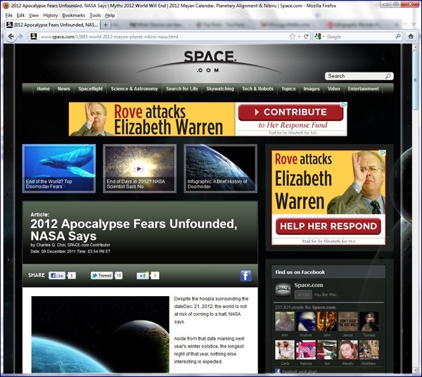 Elizabeth Warren ad featuring Karl Rove on Space.com