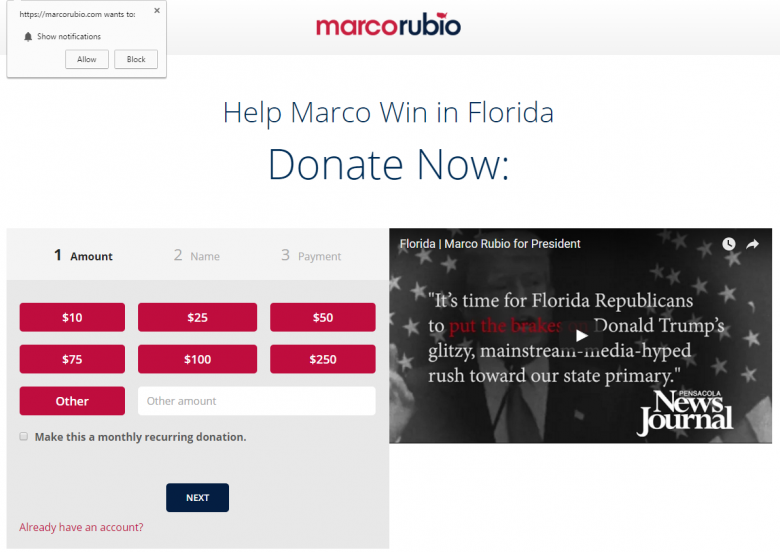 MarcoRubio.com fundraising page