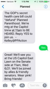 Example of recruiting for an event or events via text message